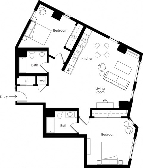 Floor plan for 2 beds, 2 baths, 1152 sqft